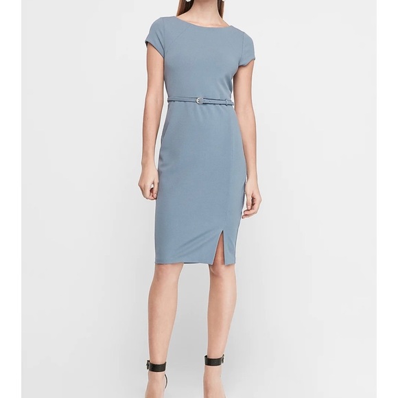 Express Blue Stretch Crepe Belted Cap Sleeve Dress - Picture 2 of 14